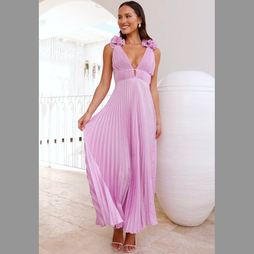 Hello Molly Lilac Pleated Maxi Dress with Flower Straps